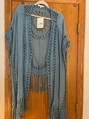 Misa Los Angeles Blue Crochet Fringe Kimono